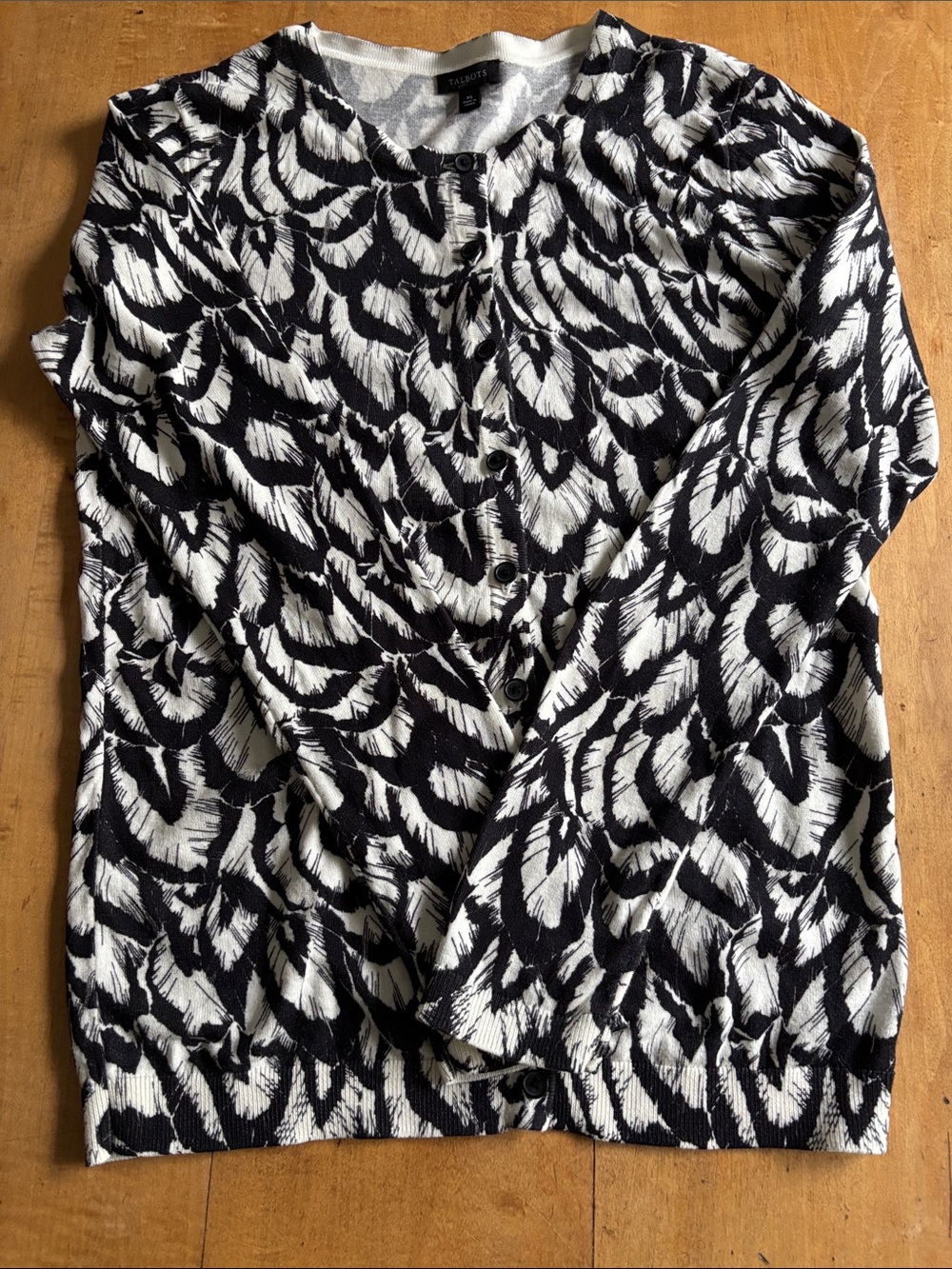 Talbots Black & White Feather-Print Cardigan Sweater
